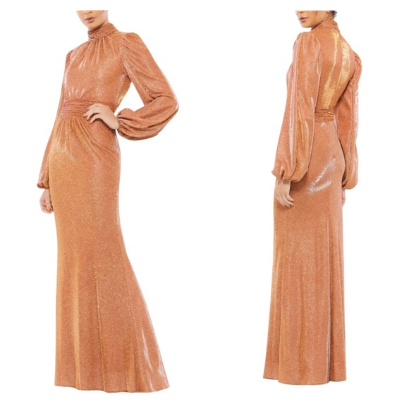 Mac Duggal Metallic Rust Glitter Gown | High Neck Puff Sleeve Trumpet Dress Sz 2 - Picture 1 of 6